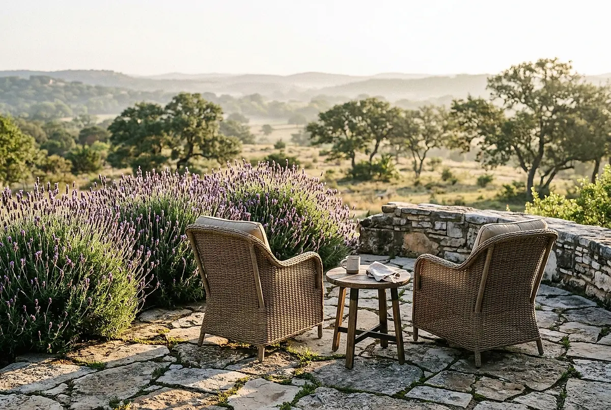 Two chairs and a small table on a stone patio at the edge of a lavender hedge
