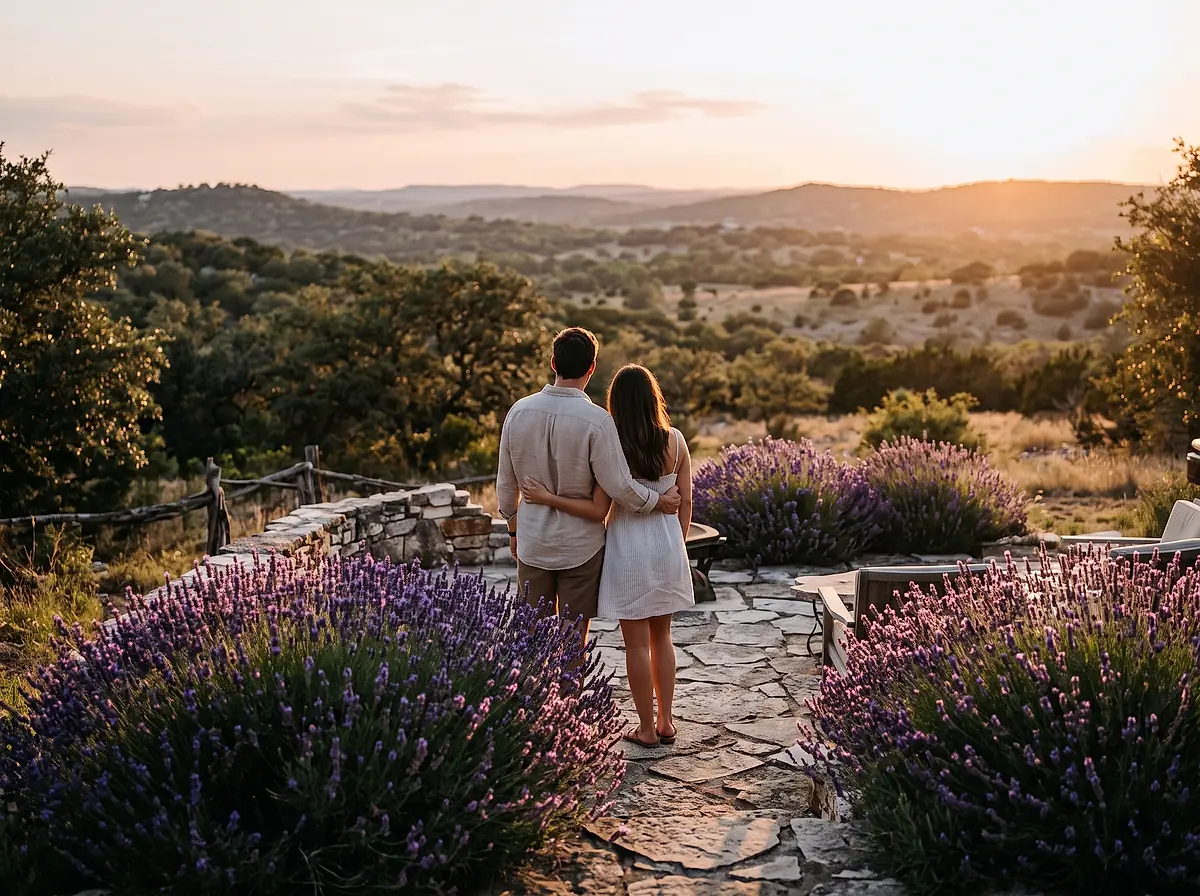 A couple standing at the edge of the patio looking out over the lavender at sunset