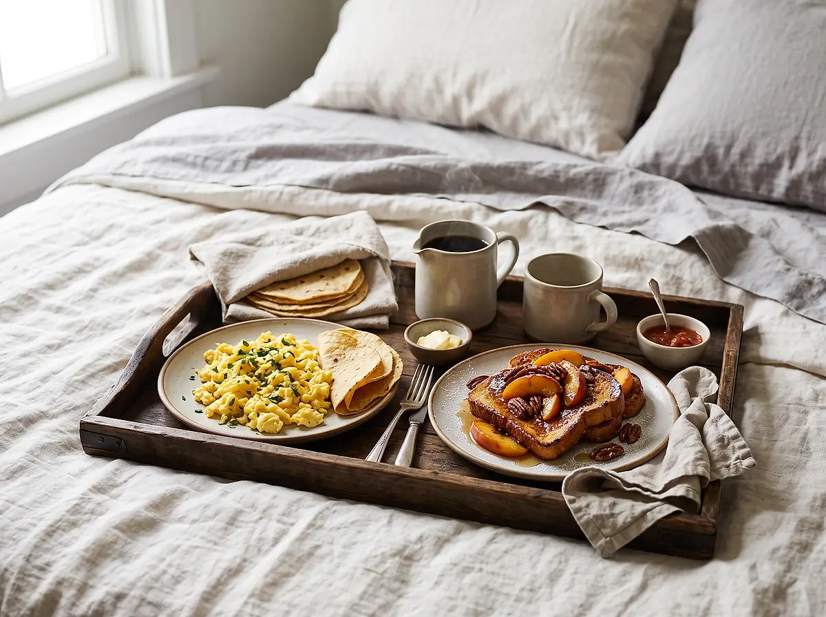 A breakfast tray on the bed with migas, French toast, coffee and warm tortillas