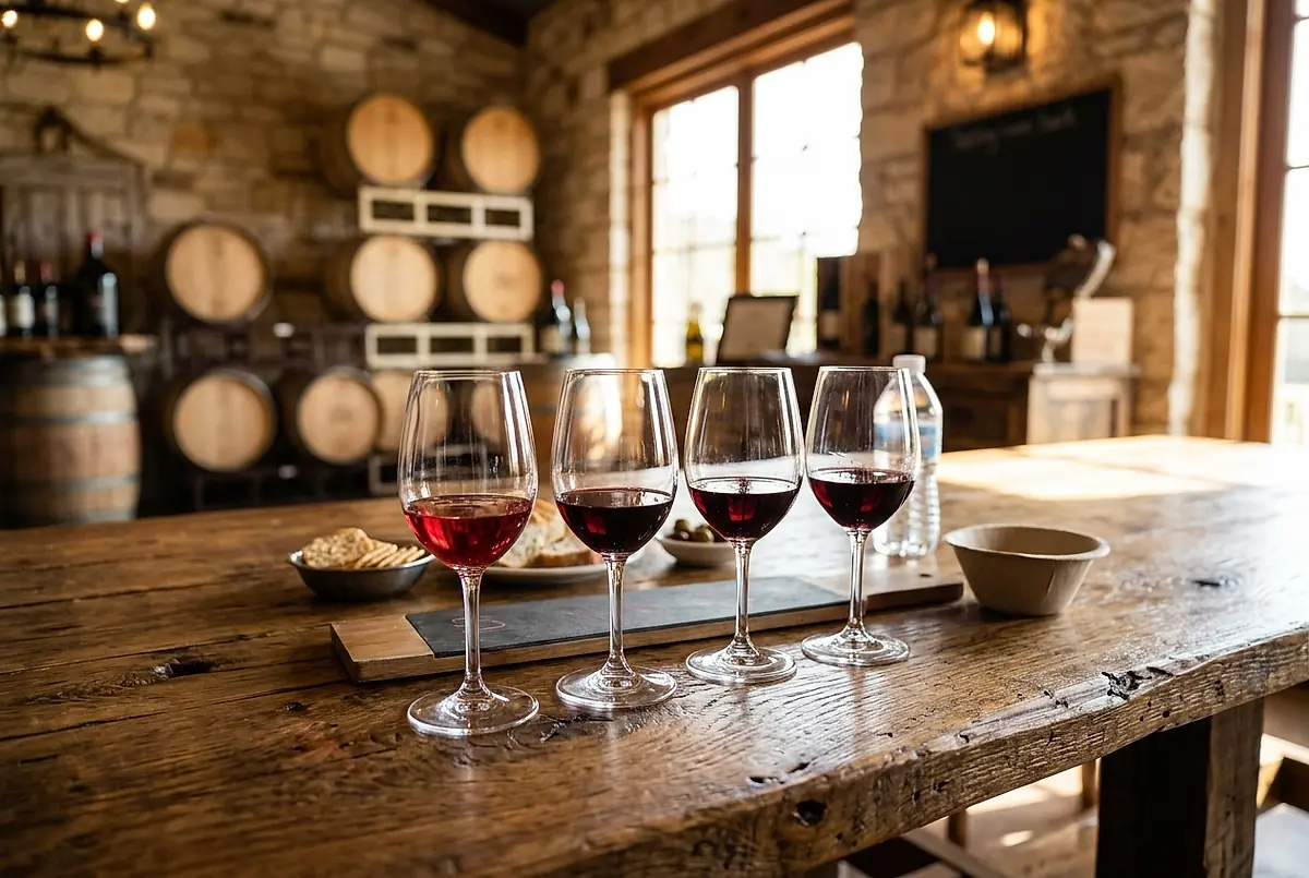 Glasses of red wine on a wooden table in a Hill Country tasting room