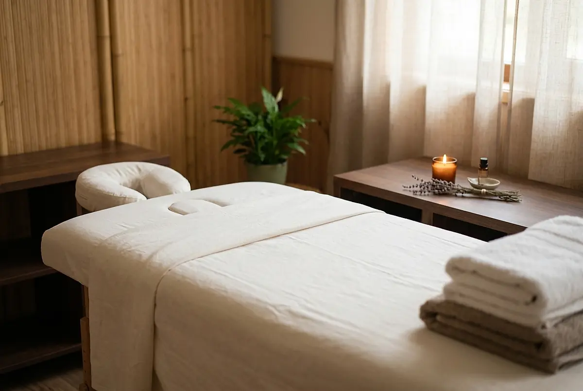A massage table laid with towels and a candle in a quiet treatment room