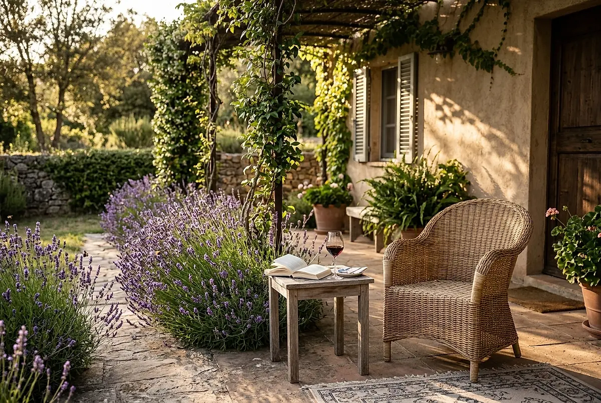 A shaded patio with one chair, a book and a glass of wine on a small table