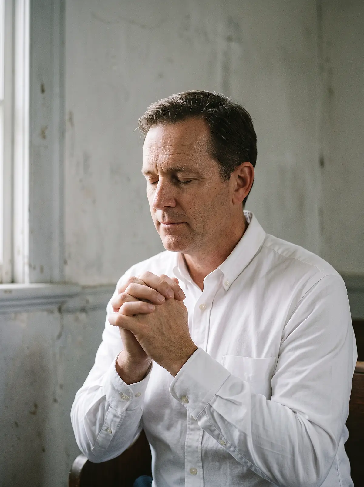 A man sitting with his hands clasped in prayer