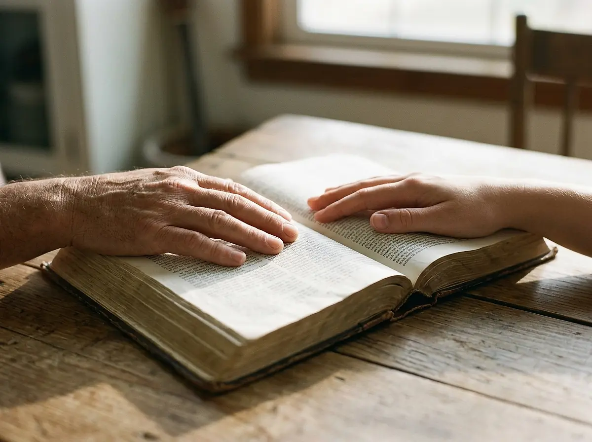 An adult hand and a child's hand resting on an open Bible