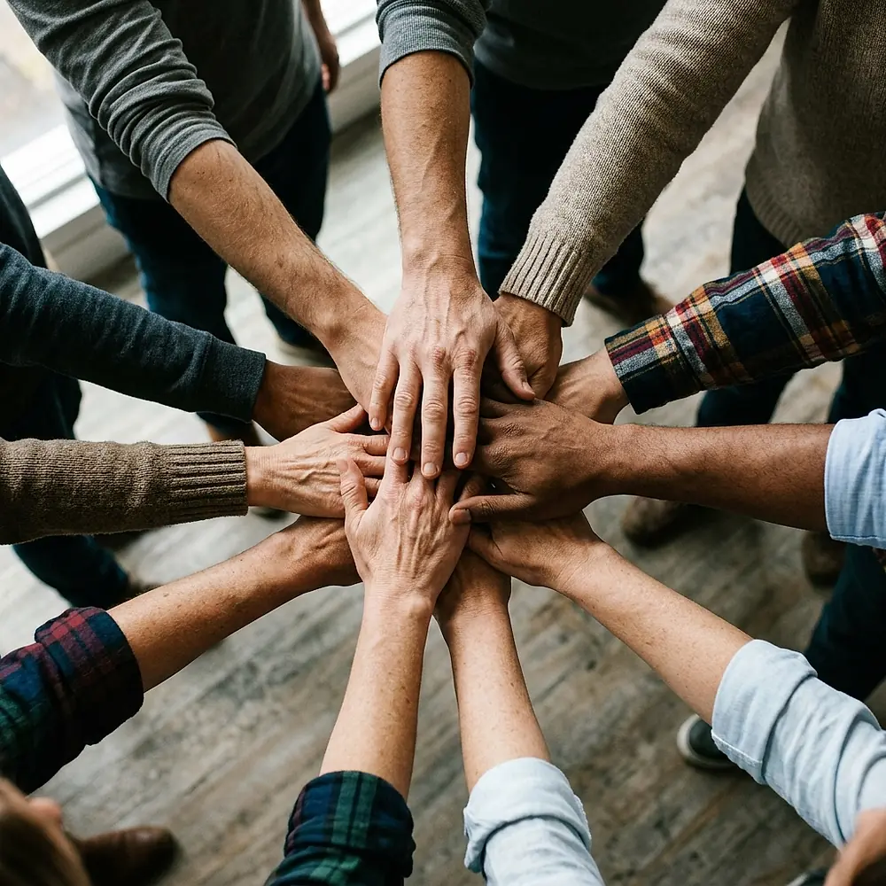 Hands stacked together in the middle of a circle of people