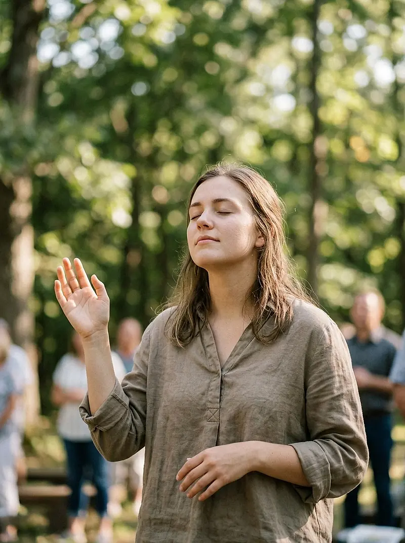 A woman outdoors with her hand raised in worship