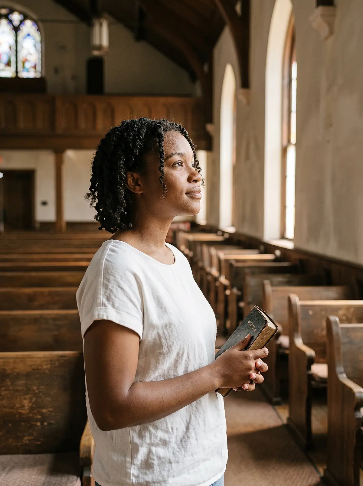 A young woman standing in a church holding a Bible