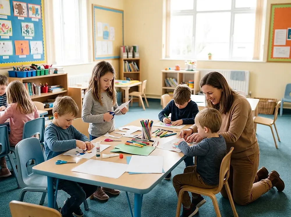 Children doing a craft at a table with a volunteer helping