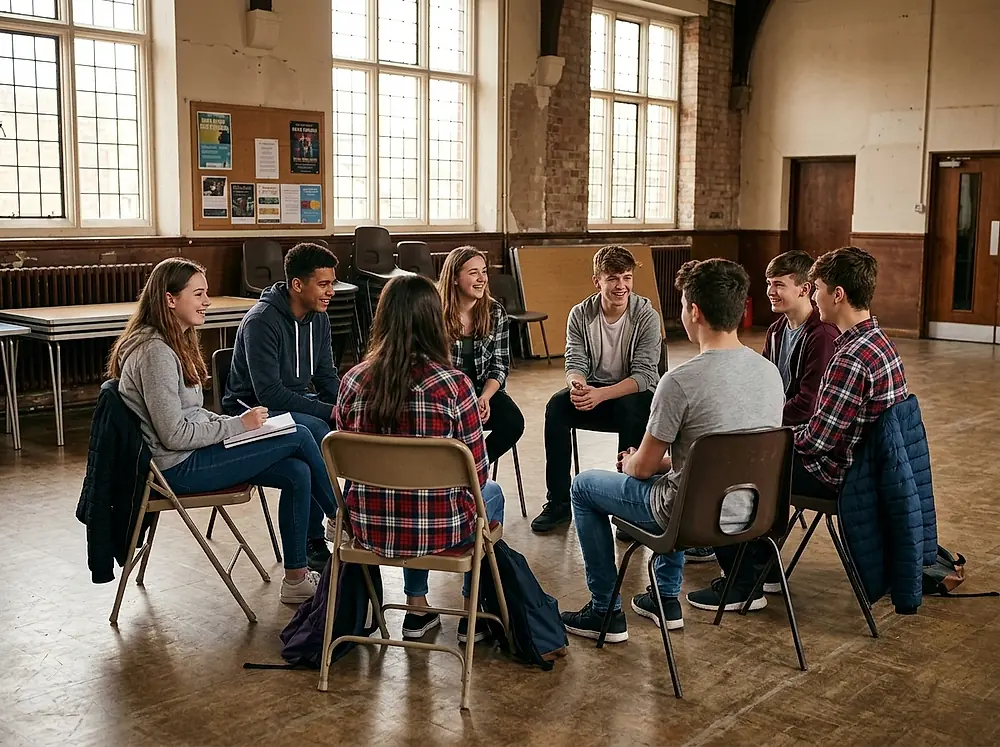 Teenagers sitting in a circle and talking in a church hall