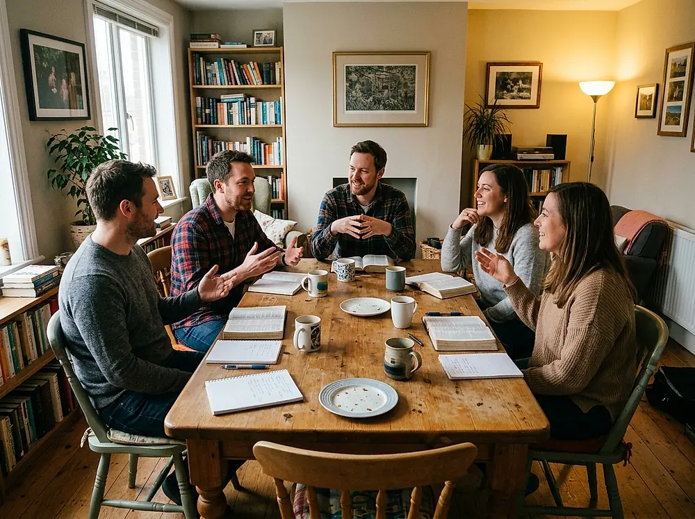 Five adults around a table with coffee and open Bibles