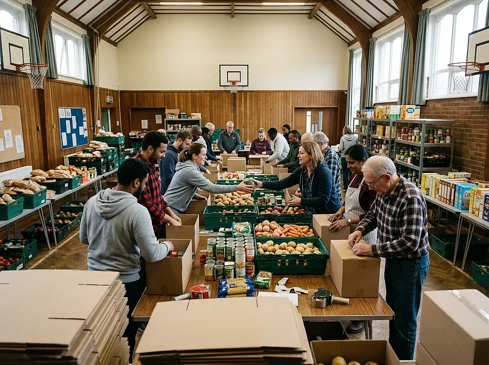Volunteers packing boxes of food in a church hall