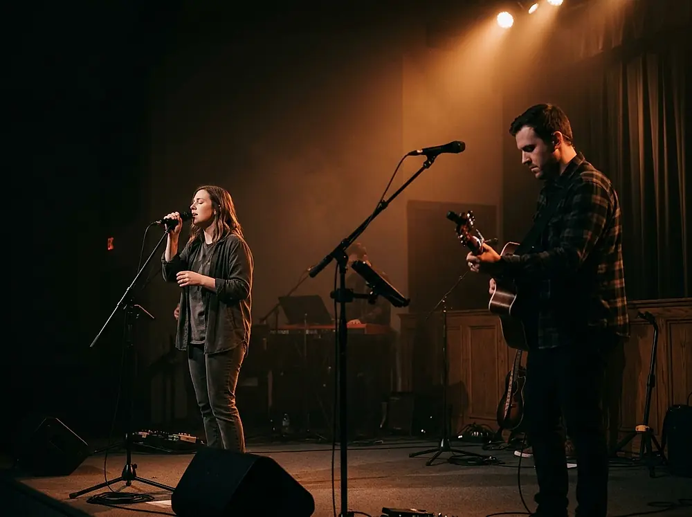 A singer and guitarist leading worship on a small stage