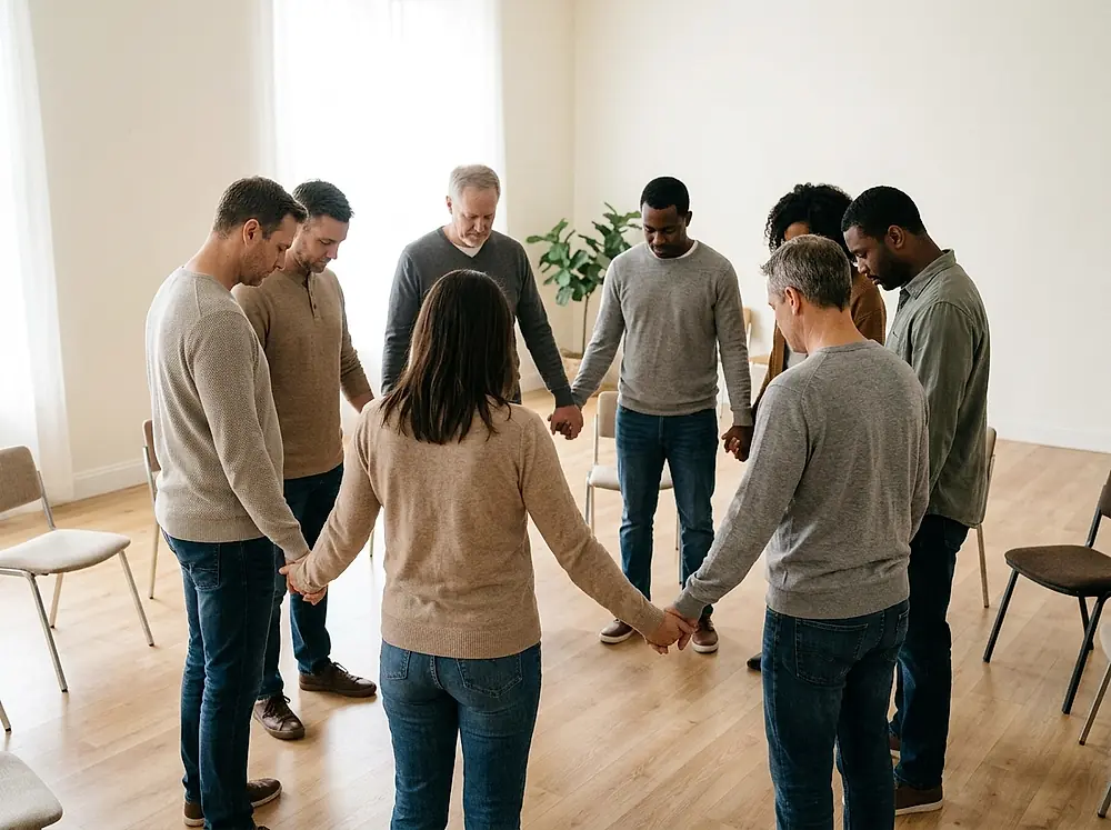 A circle of people holding hands in prayer