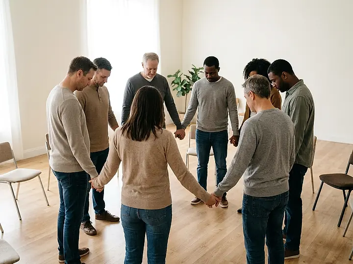 A group standing in a circle holding hands in prayer