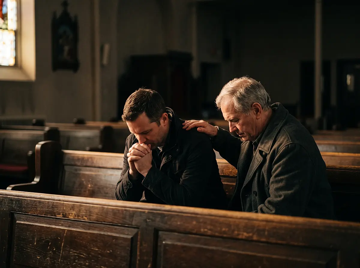Two men sit close together in a pew, heads bowed in prayer