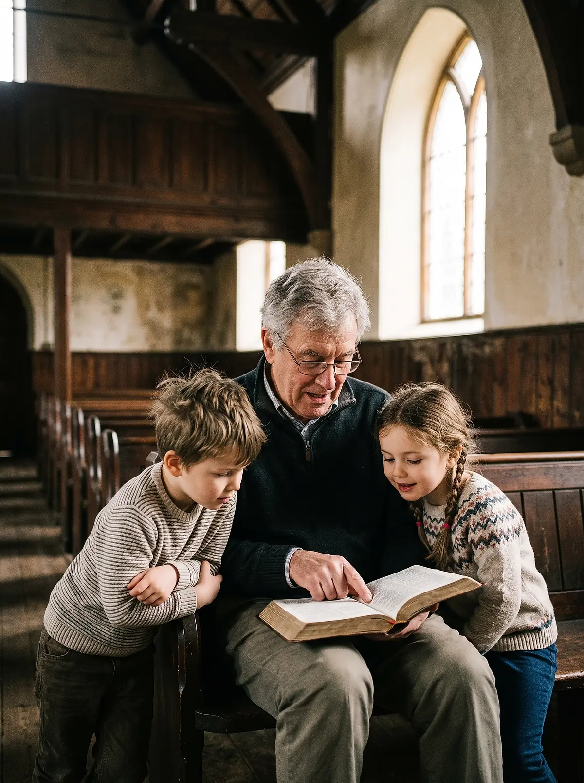 An older parishioner reads to two children from an open bible
