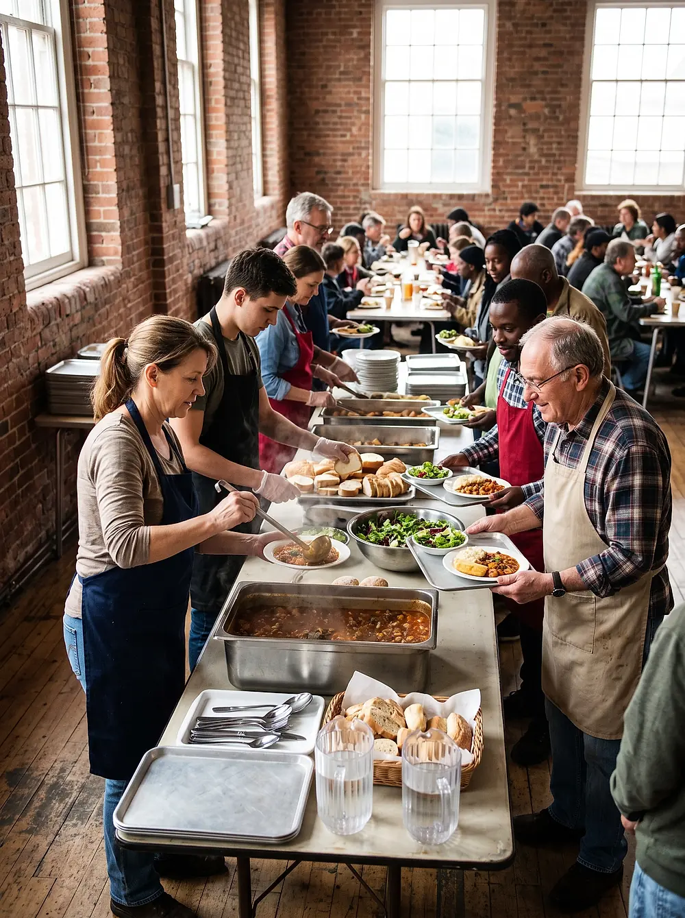 Volunteers serving plates of hot food at the Thursday soup kitchen