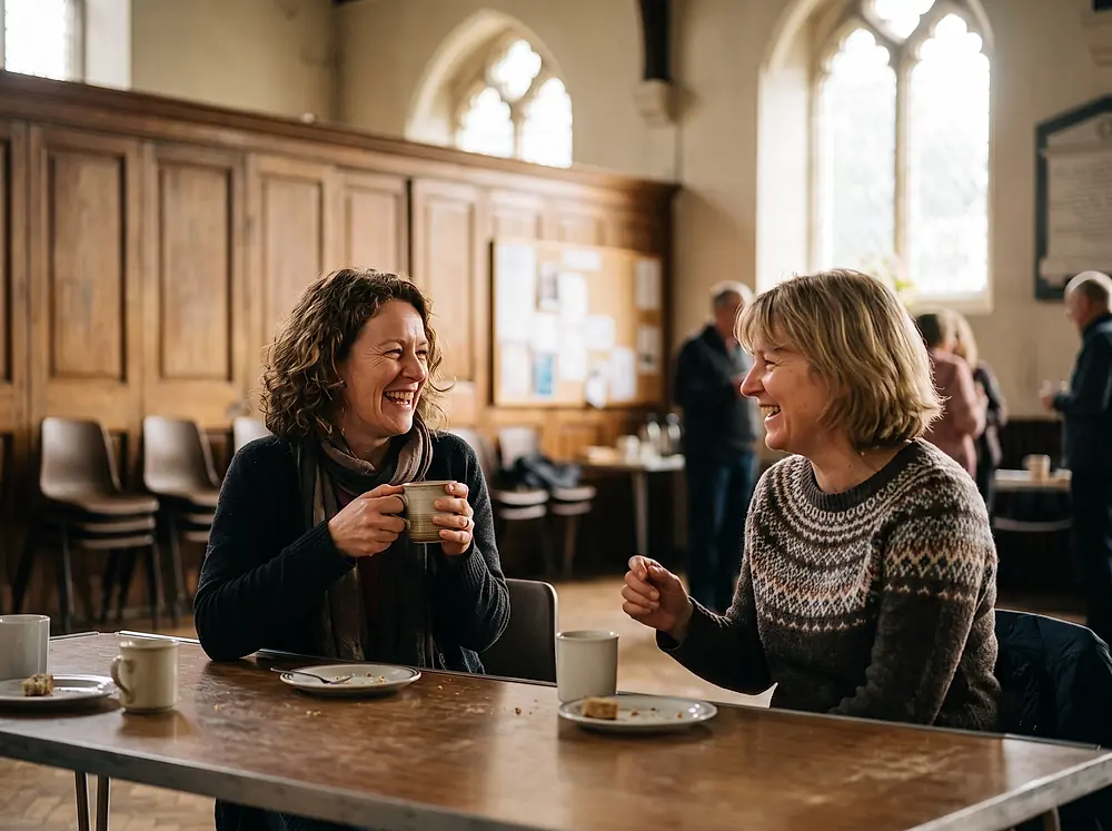 Two parishioners laughing together over coffee after a service