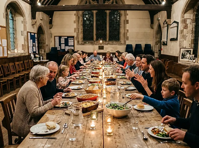 Parishioners eating supper together at a long table