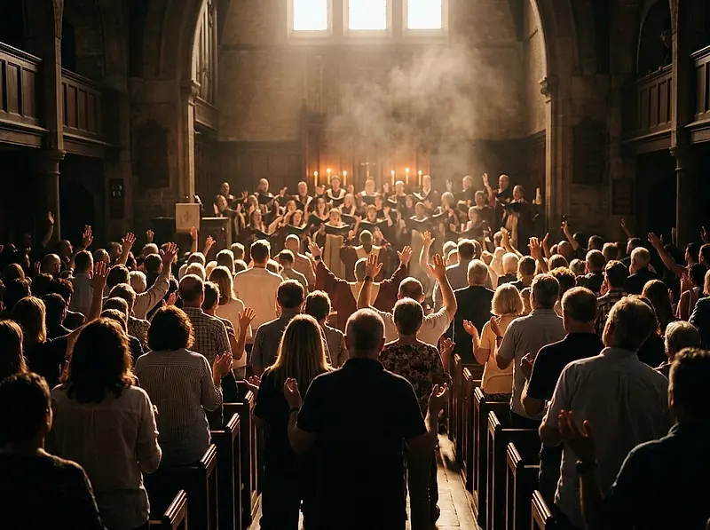 A congregation singing in a church lit by candles