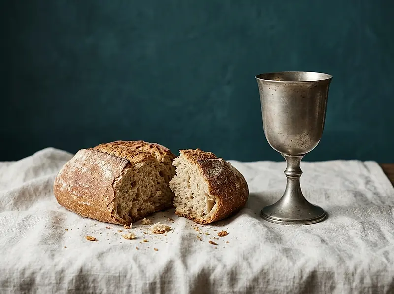 Bread broken on a white cloth beside a chalice