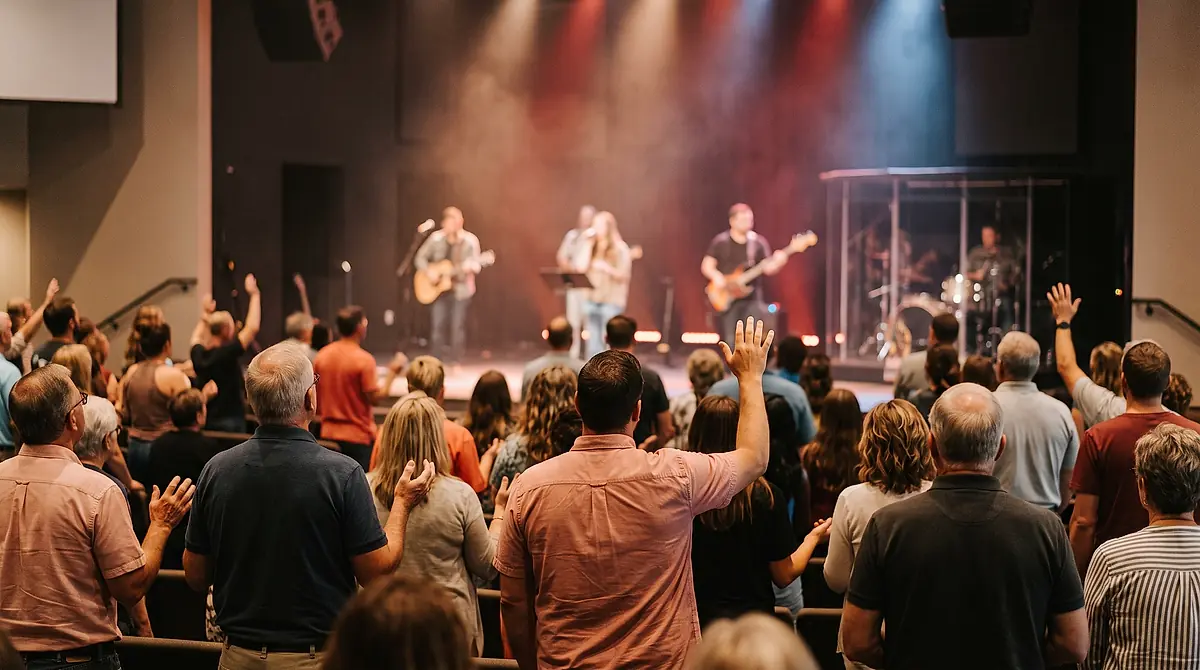 A congregation stands together with hands raised while the worship band plays on stage