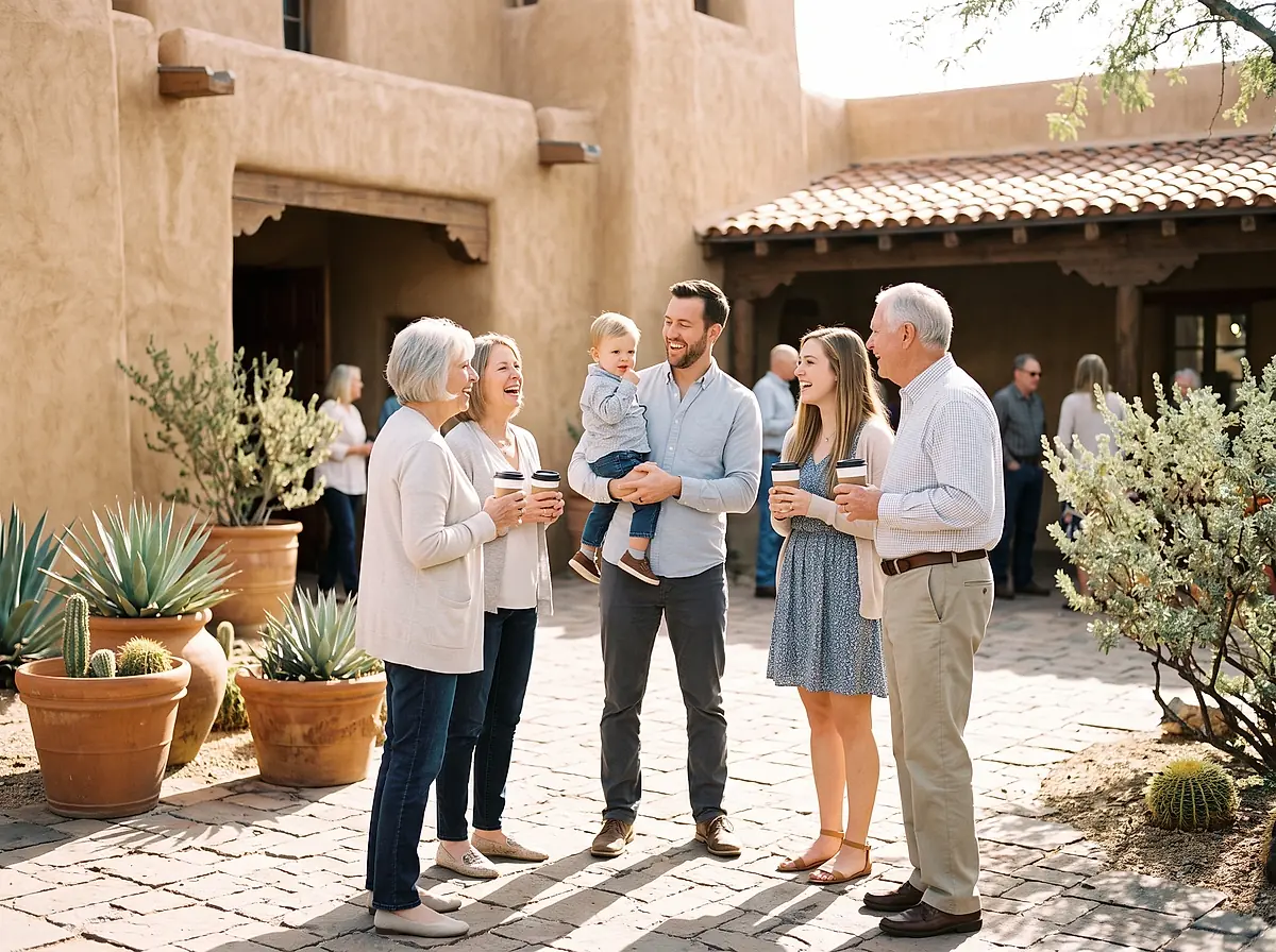 People of several generations talking over coffee in the church courtyard after a service