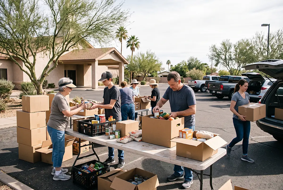 Volunteers of all ages packing boxes of groceries at a church serve day in Mesa