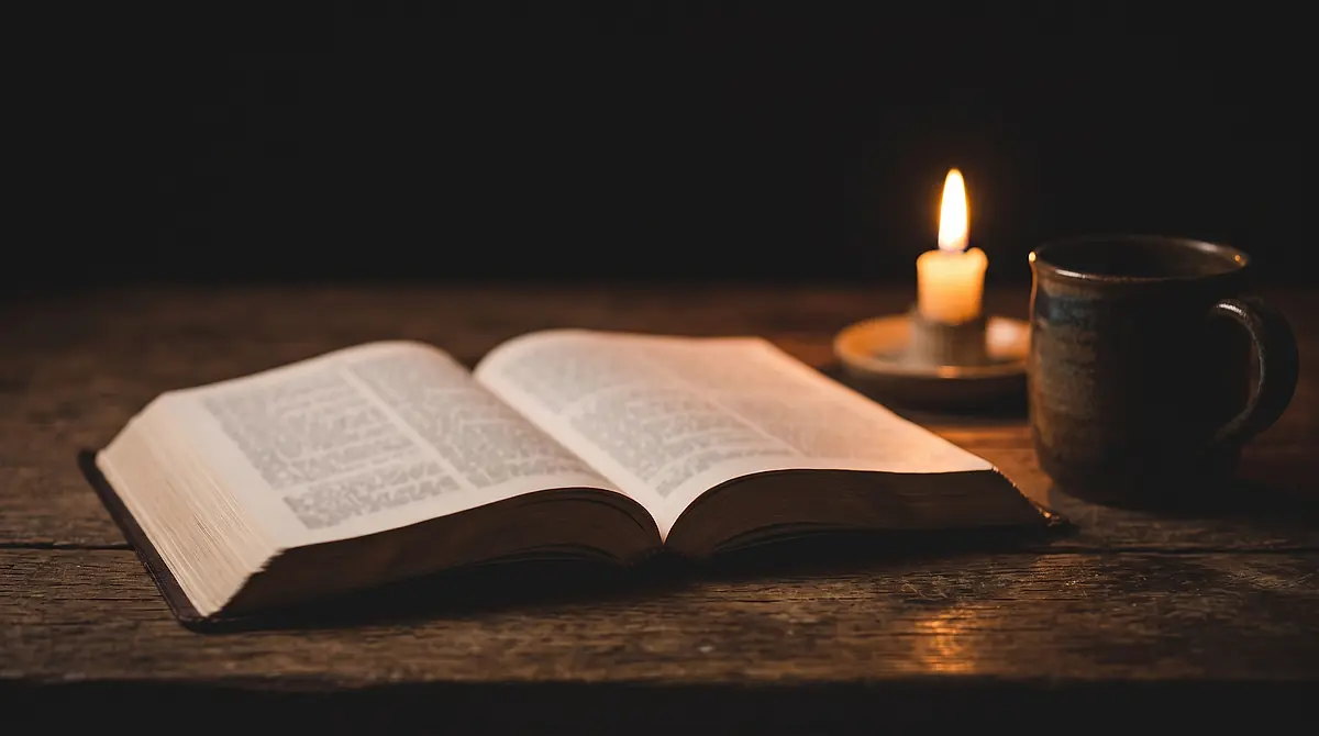 An open Bible on a dark wooden table beside a candle and a mug