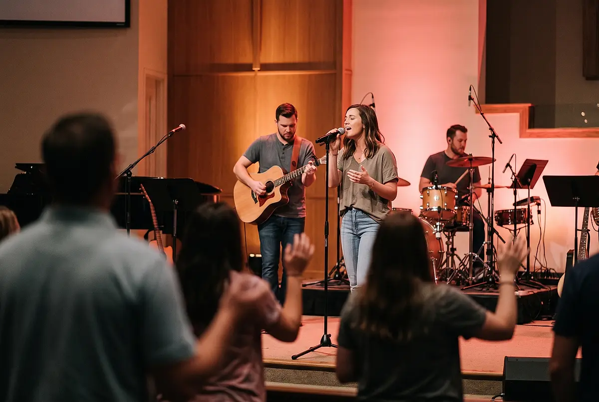 A worship band playing on stage during a Sunday service