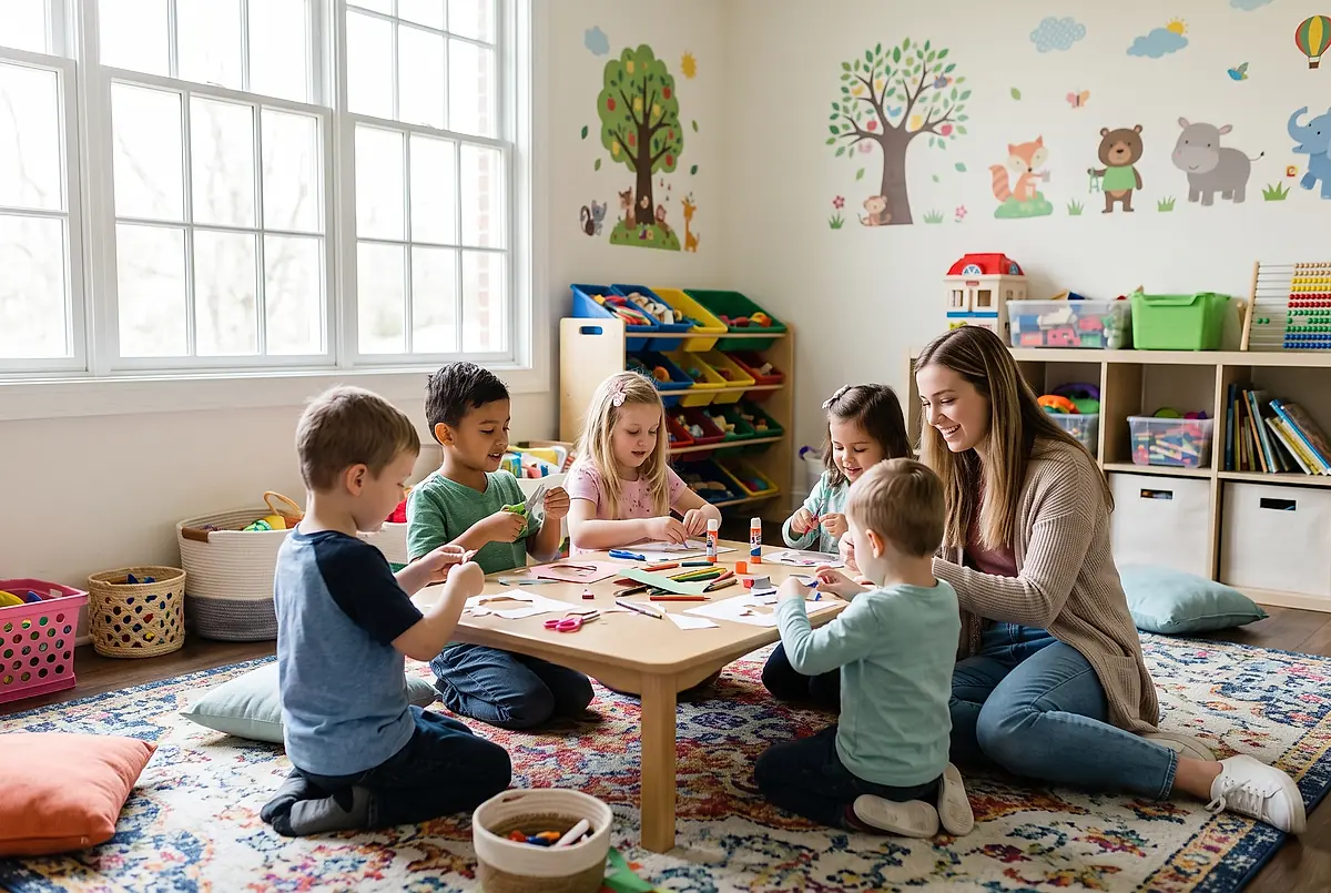 Children working on a craft at a low table with a volunteer in the RiverKids room