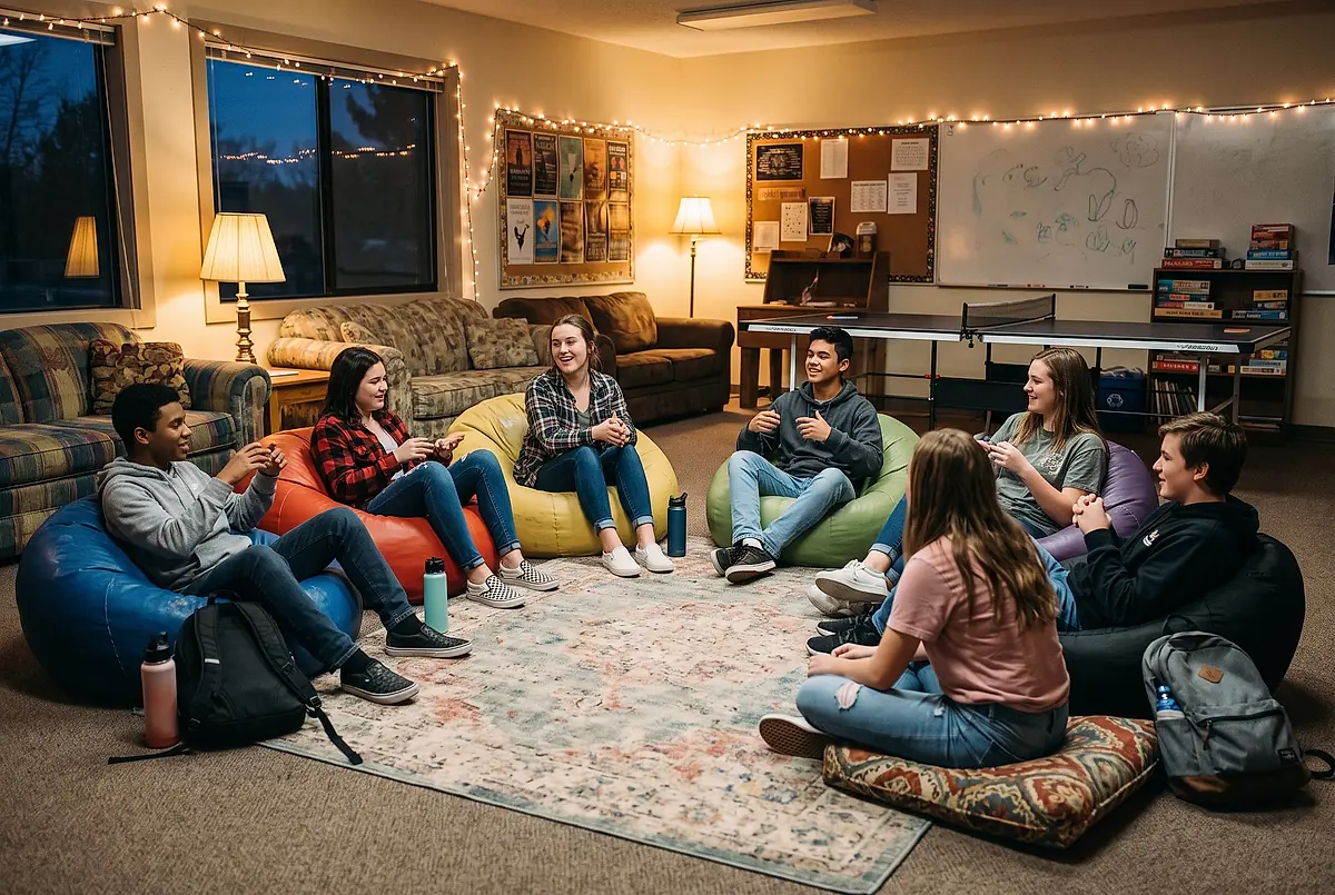 Teenagers sitting in a circle on beanbags at an Ignite youth night