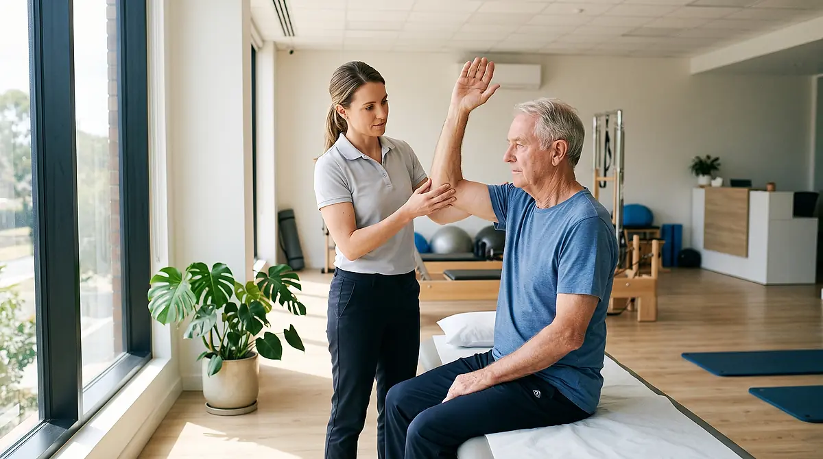 A physical therapist guiding an older man through a shoulder exercise beside a tall window.