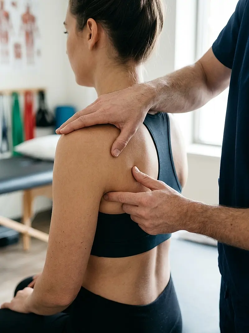 A physical therapist's hands assessing a woman's shoulder blade.