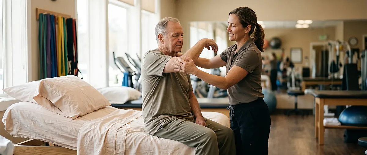 A physical therapist supporting a patient's arm through a shoulder stretch on a treatment table.