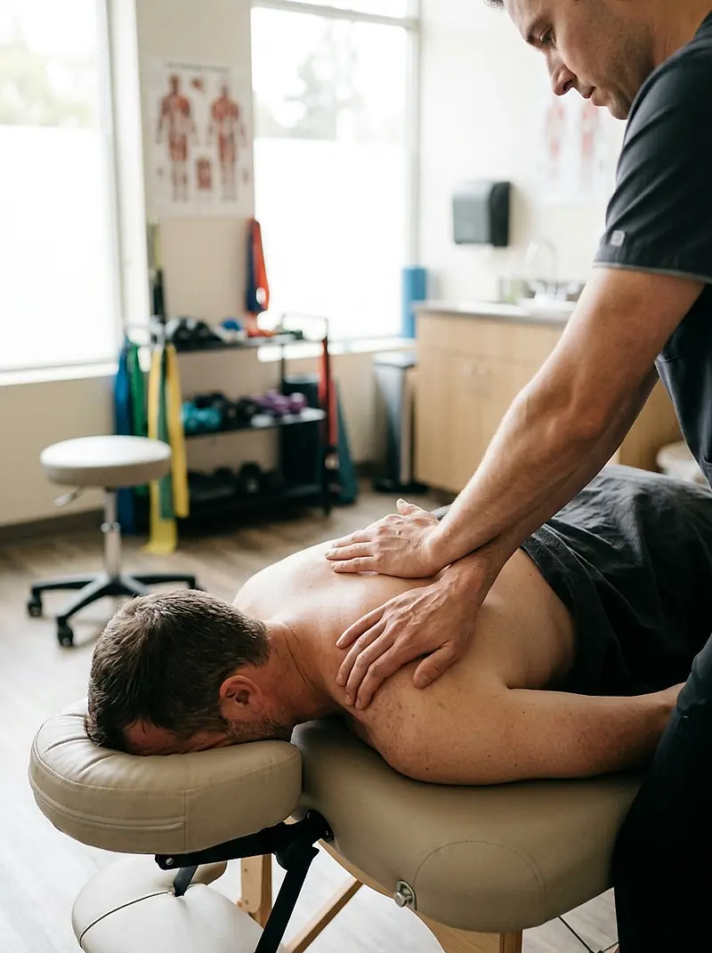 A physical therapist working on the muscles of a patient's upper back.