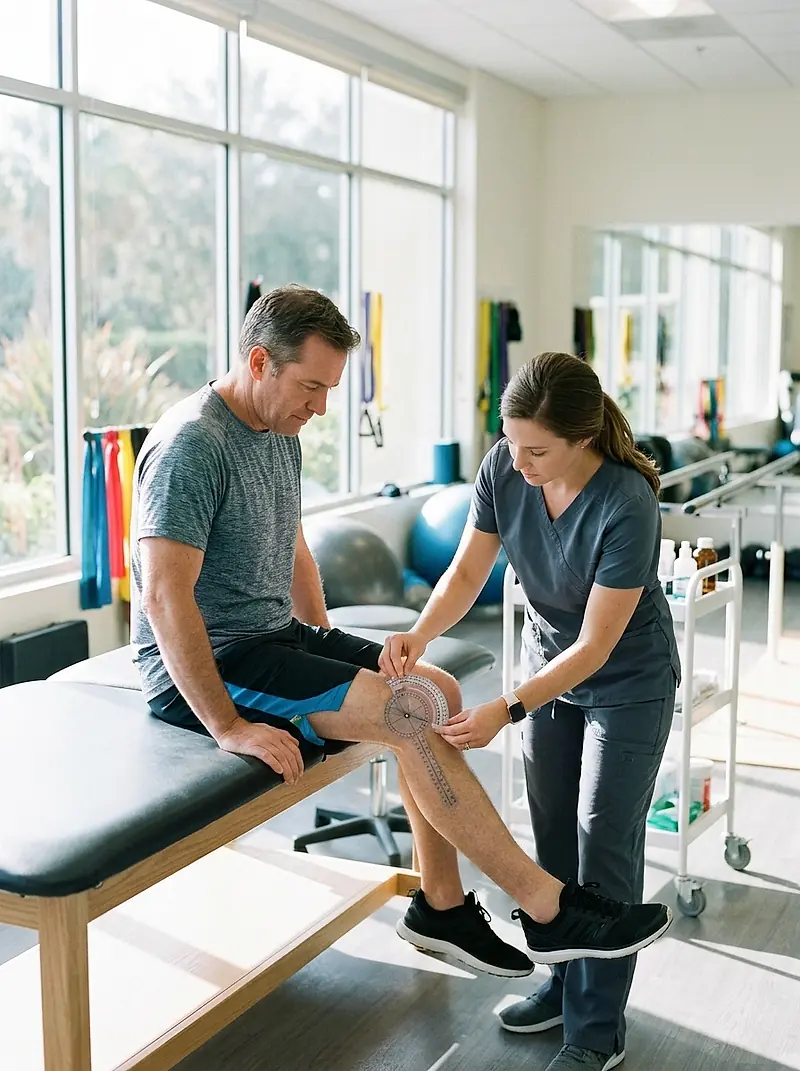 A physical therapist bending and measuring a patient's knee on a treatment table.