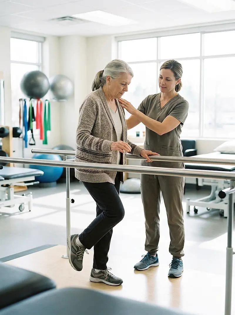 An older woman balancing on one leg with a physical therapist steadying her shoulder.