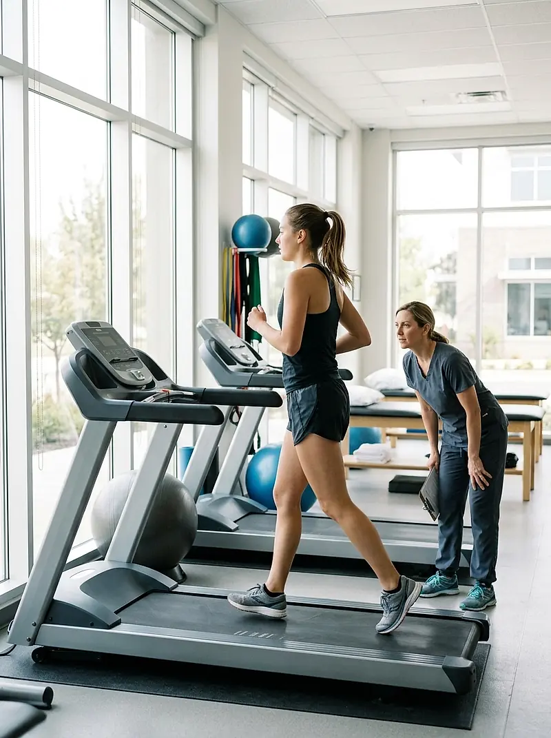 A runner on a treadmill while a physical therapist watches her stride.