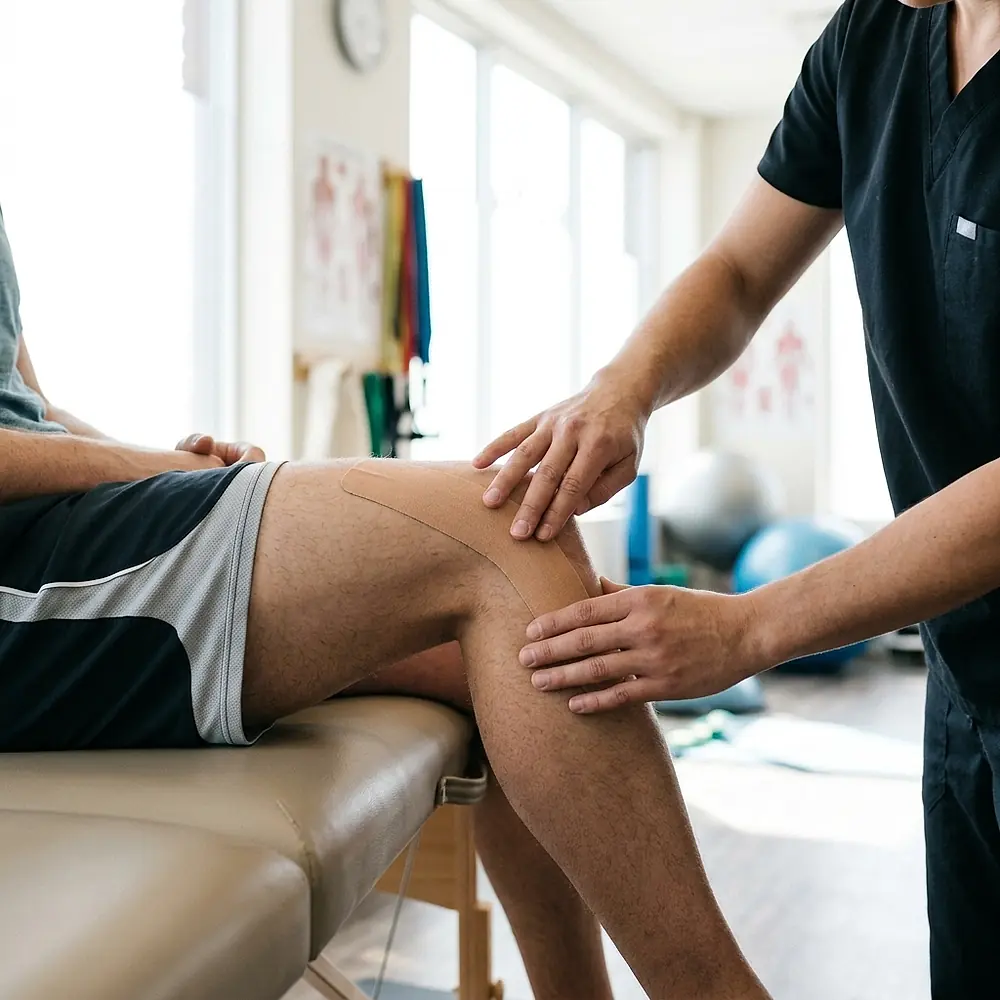 A patient on a treatment table with kinesiology tape along the side of the knee.