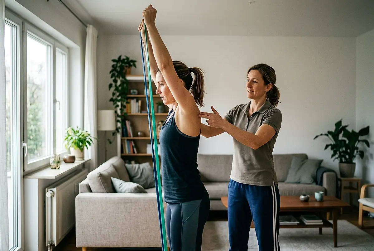 A woman doing an overhead resistance band exercise while a physical therapist guides her.