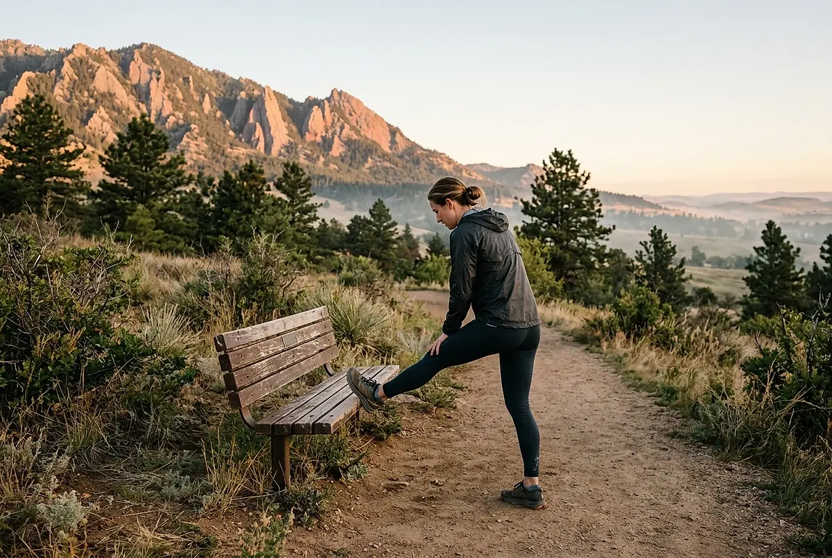 A runner stretching her calf against a bench on a Boulder foothills trail.