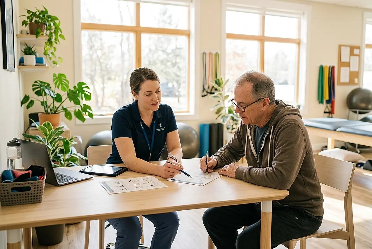 A physical therapist and a patient reviewing an exercise plan at a table.