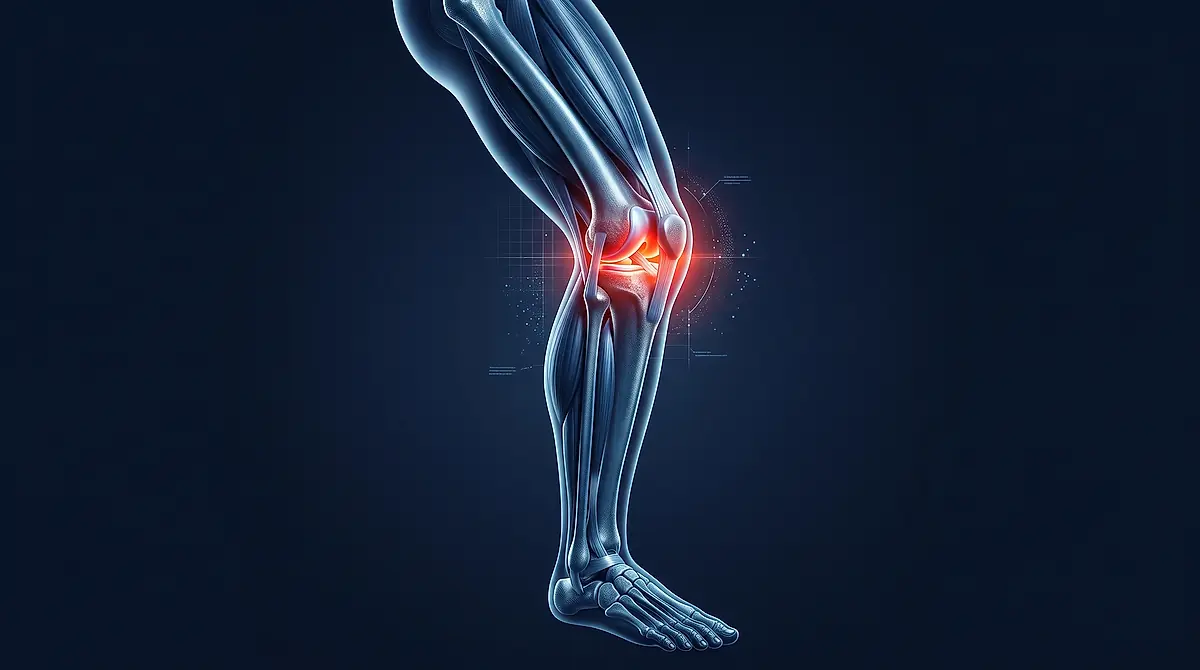 Illustration of a knee joint with the painful area highlighted in red