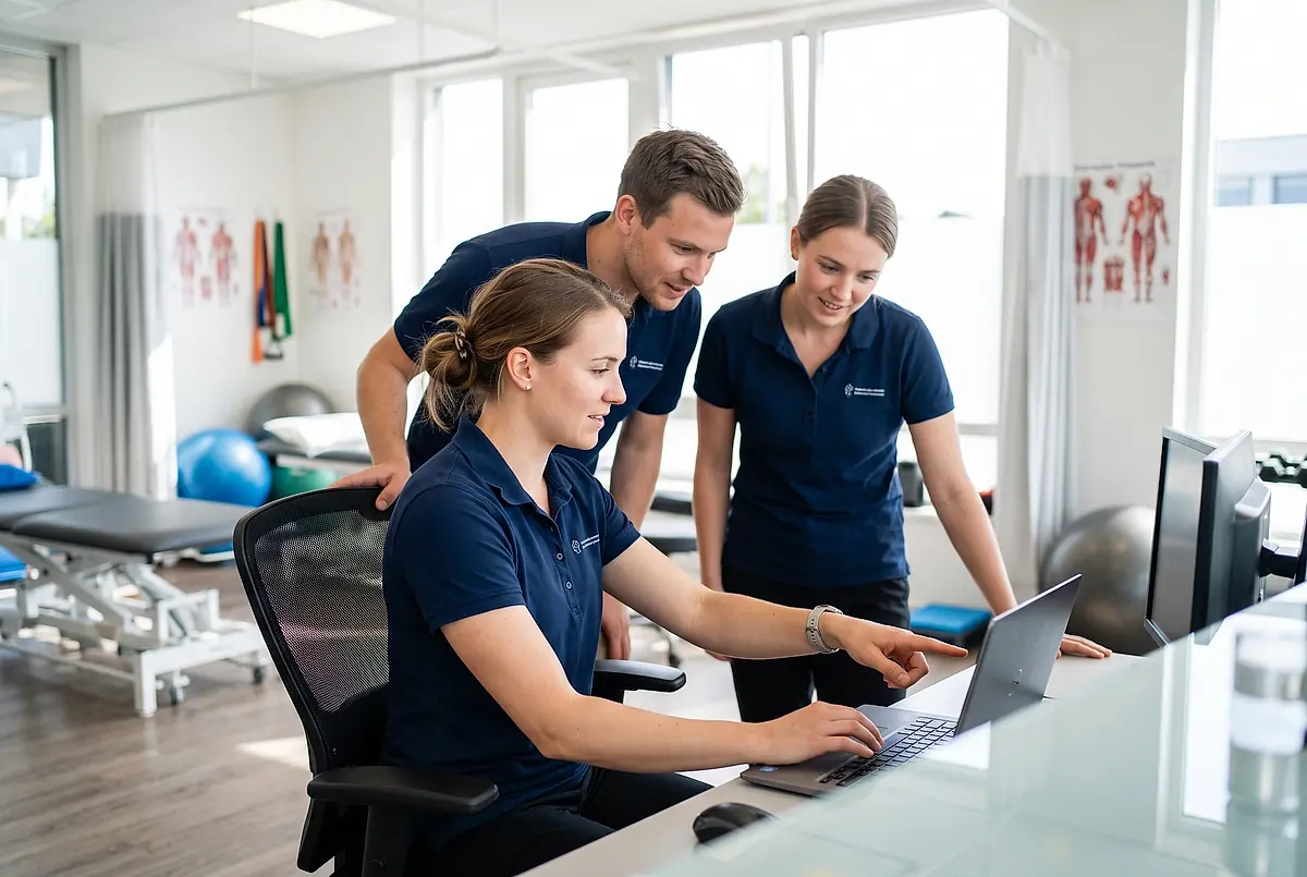 Three therapists in navy polo shirts looking at a laptop together in the clinic