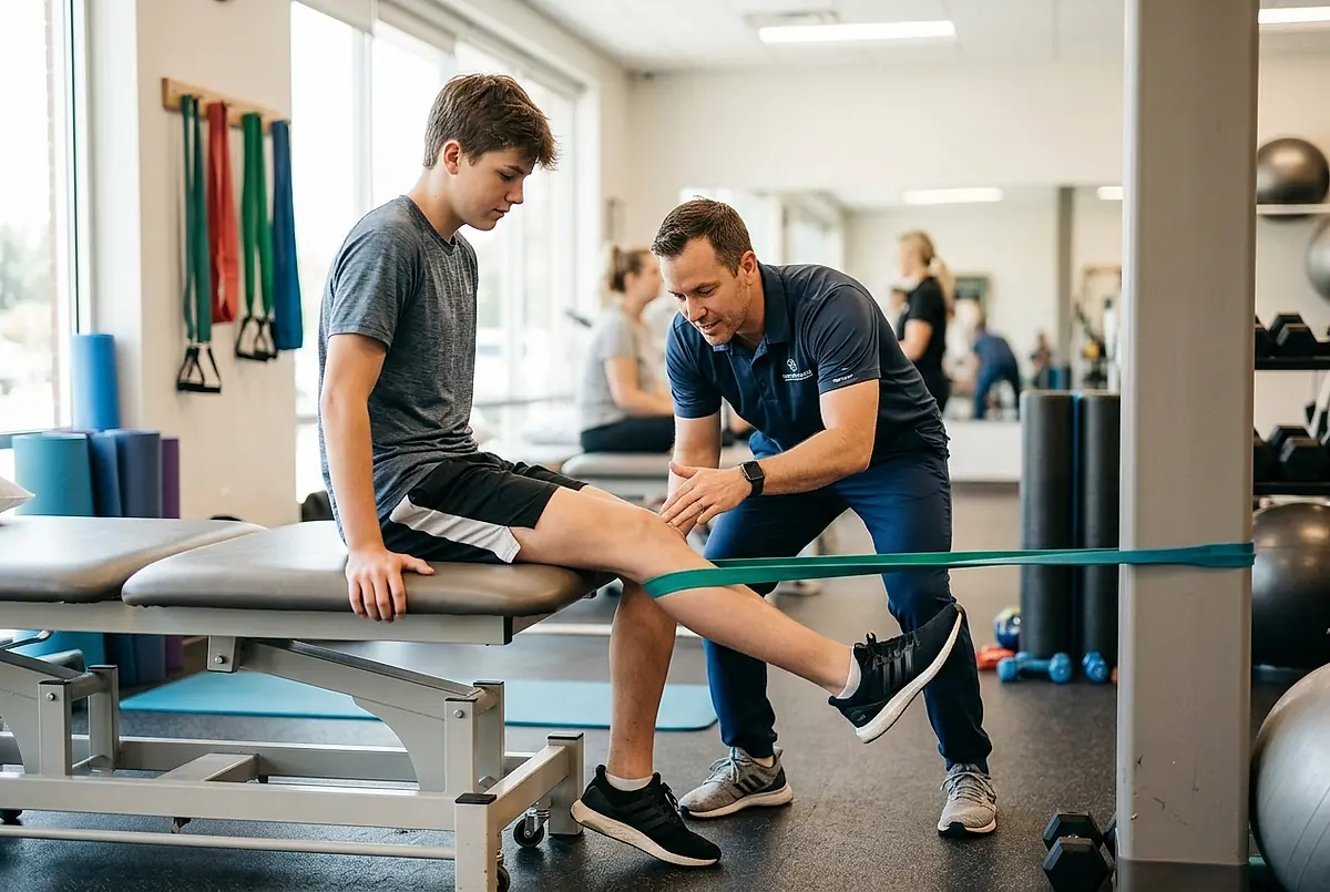 Therapist guiding a young athlete through a resistance band knee exercise