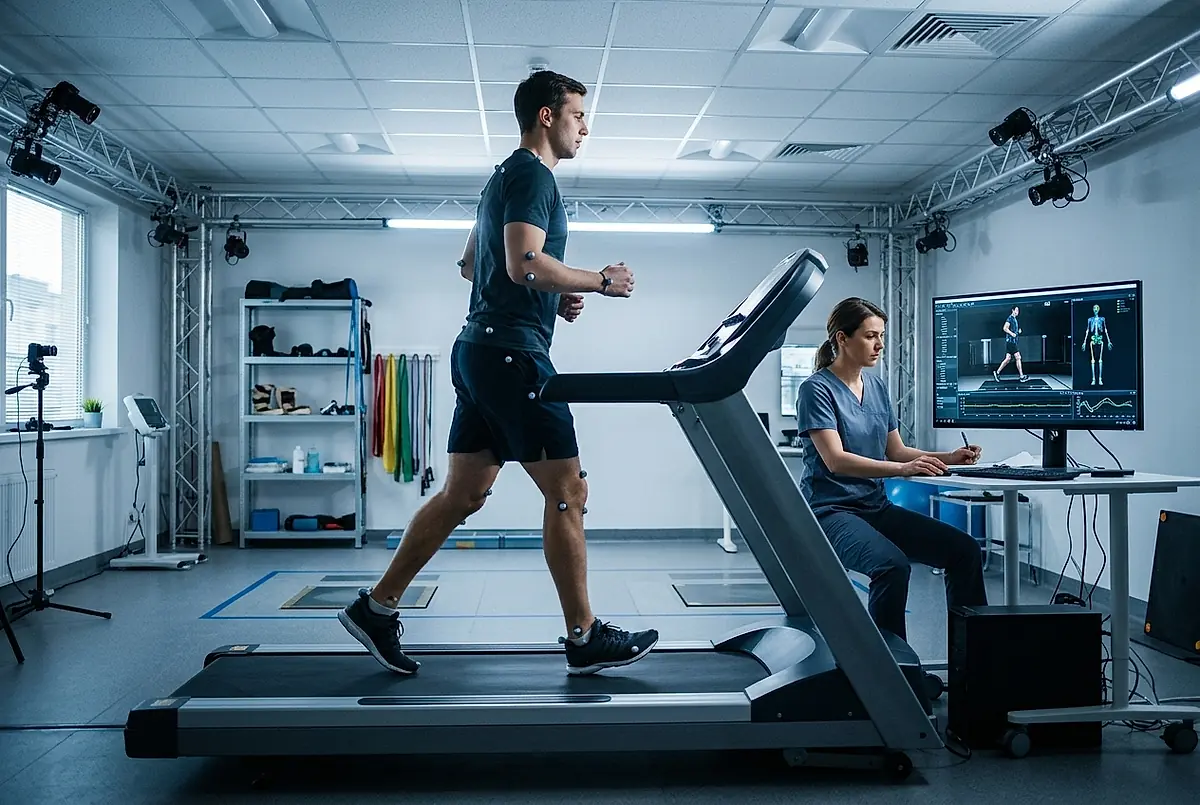 Athlete walking on a treadmill in the gait analysis lab while a therapist reviews the video