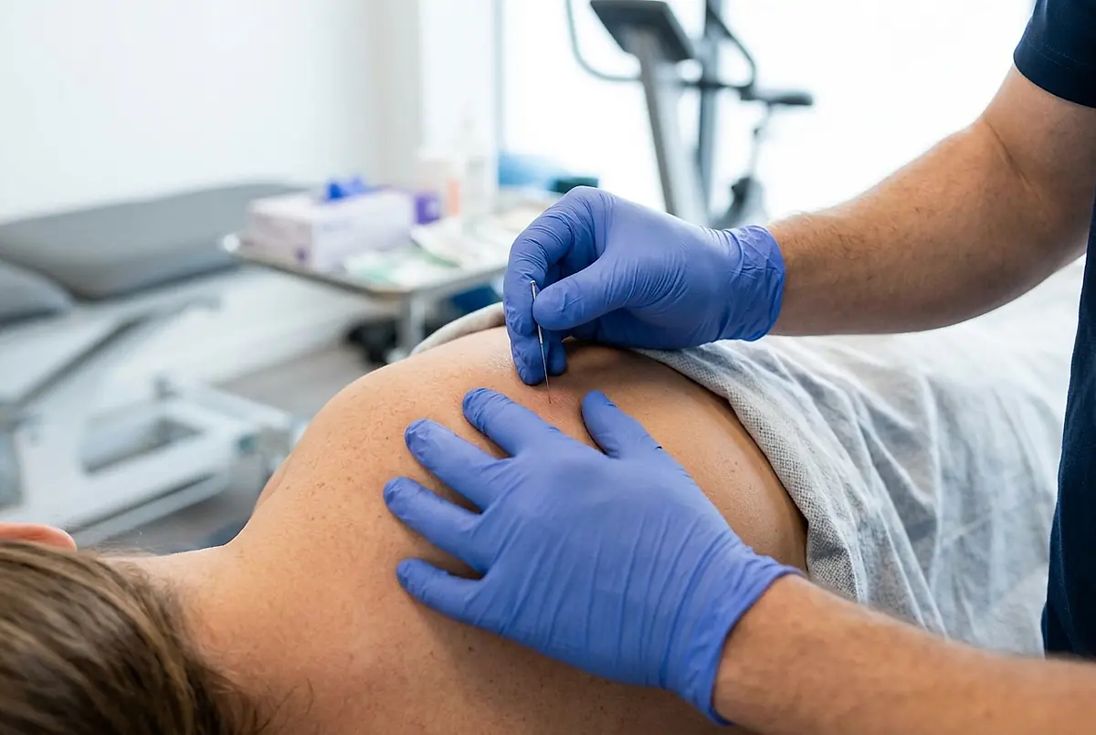 Therapist's gloved hands performing dry needling on a patient's shoulder