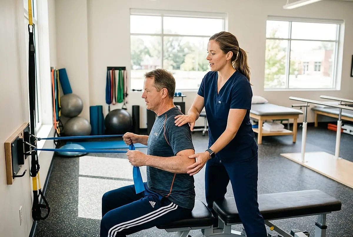 Therapist helping a patient with a resistance band shoulder exercise