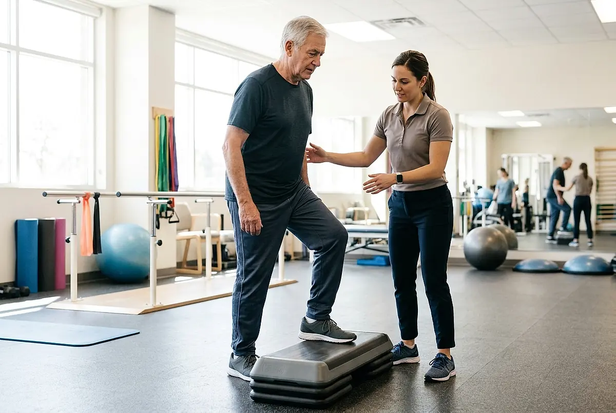 Therapist spotting an older patient as he practises a step-up exercise